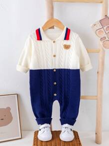 SHEIN Newborn Baby Boys/Girls Casual Cute Bear Graphic Contrast Color Warm Sweater Jumpsuit, Suitable For Autumn/Winter Indoor & Outdoor Wear