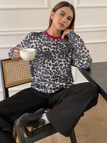 DAZY Women's Solid Color Patchwork Round Neck Long Sleeve Casual T-Shirt Cheetah Print,Fall Clothes Leopard Print - Brown - View 8