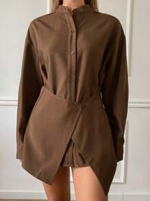 Livesso 女士休闲纯色长袖立领二合一长款宽松衬衫，春季、秋季服装，返校服装