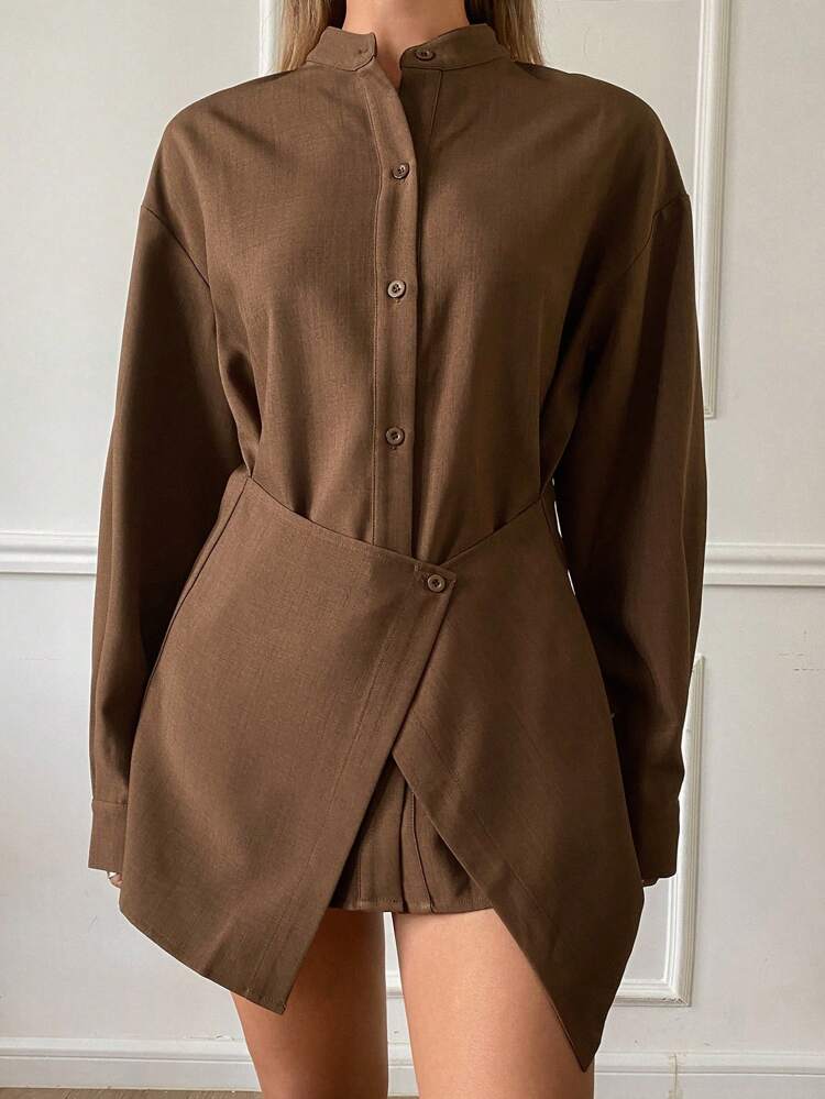 Women Casual Solid Color Long Sleeve Stand Collar 2 In 1 Long Loose Blouse, Spring,Fall Clothes,Back To School Clothes