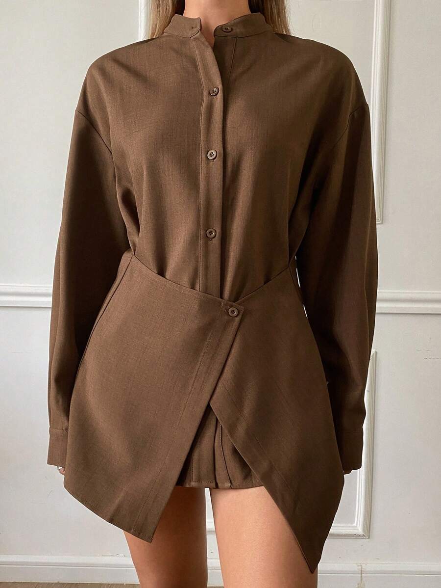 Livesso 女士休闲纯色长袖立领二合一长款宽松衬衫，春季、秋季服装，返校服装