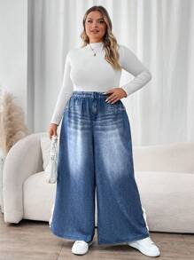 SHEIN CURVE+ Plus Size Denim Effect Wide Leg Pants With Side Bow - Blue - View 5