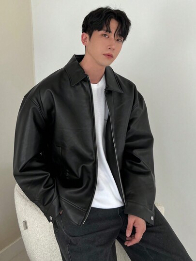 DAZY 1개 남성 가을용 플레인 블랙 인조 가죽 재킷, 그런지