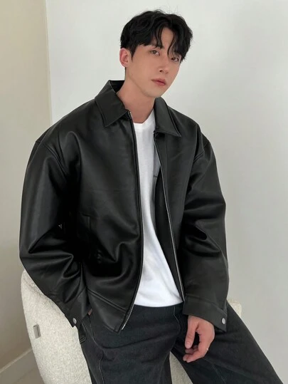 DAZY 1 件男士纯黑色仿皮夹克，适合秋季，垃圾摇滚风格