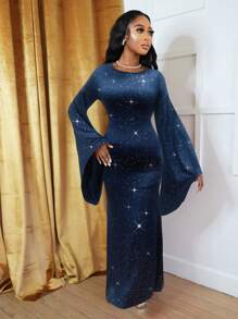 Zolique Women Elegant Solid Color Back Cowl Neck Maxi Trumpet Sleeve Fishtail Hem Fitted Long Dress, Homecoming Dress,Sexy Red Dress,Christmas Party Dress,Christmas Outfits,Christmas Clothes Fall Cloth For Women - Navy Blue - View 5