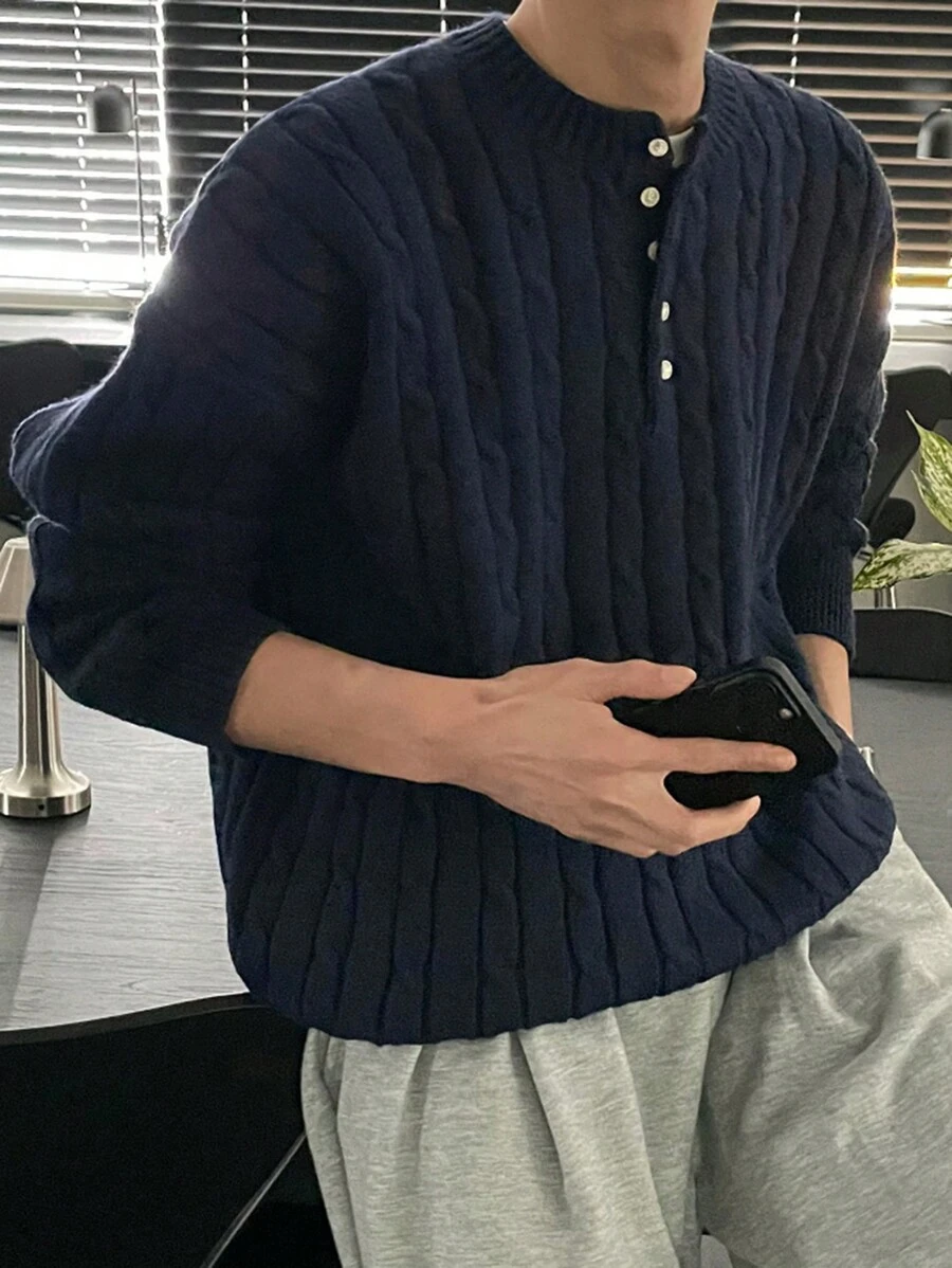 DAZY Áo len chui đầu màu trơn thường ngày cho nam, đa năng cho mùa thu/đông - Màu xanh lam - Xem 1