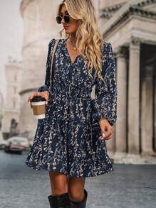 SHEIN LUNE Women's Ditsy Floral Lantern Sleeve Drawstring Waist Casual Dress, Suitable For Vacation Fall Cloth For Women