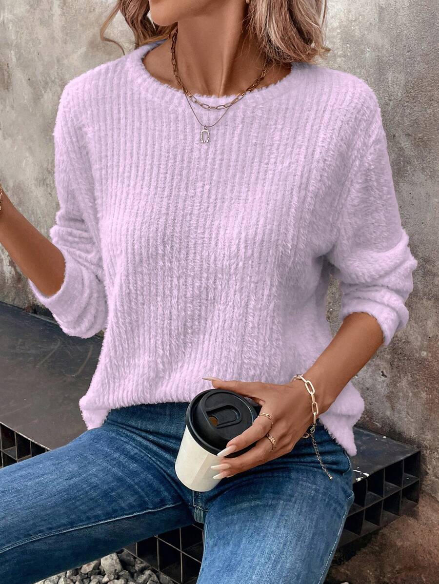 SHEIN LUNE Women's Solid Color Stand Collar Ribbed Casual Basic Tee Shirts - Purple - View 1