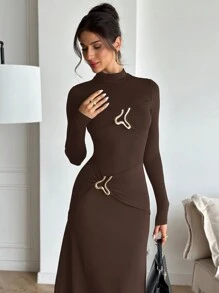 Firerie Đầm đuôi cá tay dài ôm sát cổ kim loại thời trang thanh lịch, thiết kế tối giản để đi chơi, mùa thu/đông - màu nâu - Xem 4