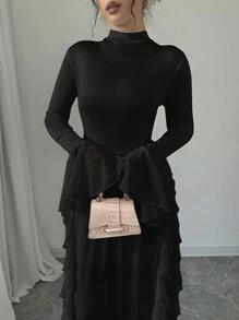 Firerie Đầm dài tay cổ cao xếp nếp màu trắng thanh lịch cho nữ - màu đen - Xem 3