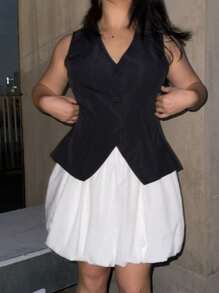 Calvaya Plus Size V-Neck Button Front Sleeveless Top With Pleated Skirt, 2 Pieces Set - Black and White - View 4