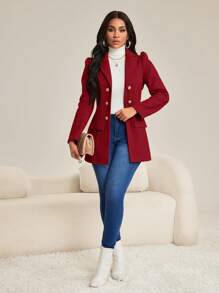 SHEIN Lady 秋冬复古音乐会/音乐节朴素工作办公室休闲优雅波西米亚风休闲郊游棕色编织翻领羊腿袖金色纽扣新品合身长袖女式大衣 - 酒紅色 - 查看 5