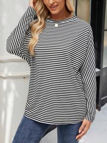 EMERY ROSE Ladies Casual Striped Print Batwing Sleeve Loose T-Shirt, Spring And Autumn - Black and White - View 3