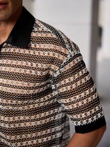 Manfinity Homme Men's Black & White Striped Print Short Sleeve Button-Up Textured Shirt