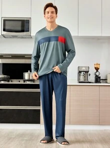 2 件套男士灰色拼色红蓝长袖上衣和长裤套装