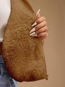 Forever 21 Chaqueta casual con cremallera y forro de borreguito para mujer talla grande en invierno - Camel - Ver 3