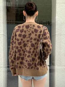 DAZY 女士豹纹长袖单排扣休闲开衫，秋冬猎豹印花夹克 - 卡其色 - 查看 2