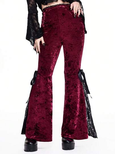 Damen Weihnachten Gothic Spitze Patchwork Schleifen Samt Weite Hose für Party