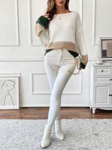SHEIN LUNE 1pc Soft & Relaxed Chunky Contrast Color Loose Knit Sweater, Autumn/Winter Knit Pullover Fall - Multicolor - View 4