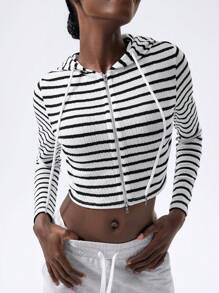VARSITIE Black And White Striped Hooded Long Sleeves With Zipper Closure Women Jackets - Black and White - View 4