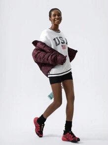 VARSITIE Striped Letter Print Round Neck Long Sleeves Loose Women Sweatshirts