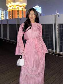 Celure 加大码纯色系腰带长袖上衣和裤子优雅褶皱面料两件套 - 粉色 - 查看 5