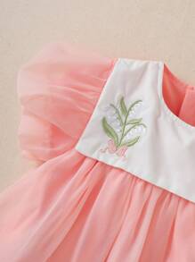 Souflis Souflis Baby Girl Dress Mesh Princess Dress With Floral Embroidery, Bubble Sleeves, Hidden Zipper, Lovely & Sweet Style, Soft And Retro, Suitable For Spring And Summer