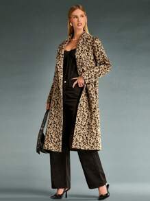 SHEIN BAE Women's Leopard Print Lapel Neck Long Sleeve Long Overcoat, Fashion For Autumn