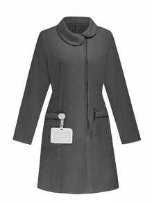 TaskEZ 对比色边饰双口袋简约长袖护士连衣裙 - 灰色 - 查看 5