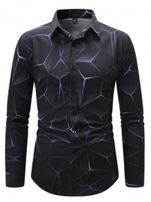 Manfinity Homme 1 件男士正面纽扣长袖全印花简约休闲衬衫 - 彩色 - 查看 7