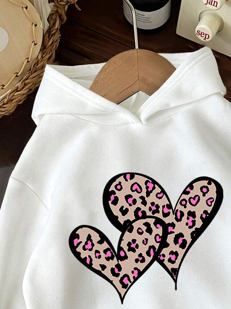 Leap Crew Sudadera con capucha gruesa de manga larga con ajuste holgado y diseño de estampado de leopardo y corazón, adecuada para niñas preadolescentes en otoño/invierno - Blanco - Añade 3