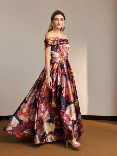 MOTF PREMIUM 花卉印花翻领露肩喇叭下摆鸡尾酒会礼服（无腰带）