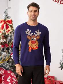 Manfinity VCAY Men's Casual Round Neck Dropped Shoulder Long Sleeve Deer Pattern Graphic Colorful Sweater, Suitable For Autumn/Winter, Christmas, Couples & Family Party, Husband - Navy Blue - View 6