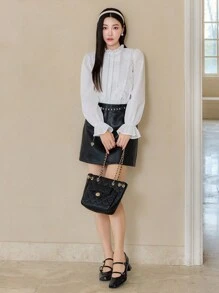 EastFlair Áo cánh tay bèo thêu màu trơn phong cách cung điện mùa thu cho nữ màu trắng - trắng - Xem 3