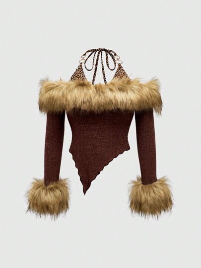 J-Fashion Top de punto con parches de piel sintética estilo Gyaru Y2K para mujer, otoño/invierno