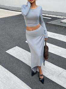 INAWLY Women Solid Color Long Sleeve Pleated Blouse And Skirt Casual 2 Pieces Set Fall Cloth For Women