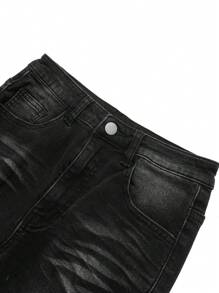 SHEIN Tween Boy 时尚休闲黑色牛仔布内衬保暖剪裁破洞磨损设计弹力牛仔裤，适合日常穿着和秋冬季 - 黑色 - 查看 5