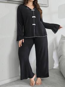 Lazeform 1set Soft Solid Color Ribbed Trim Bow Decor Loungewear Set