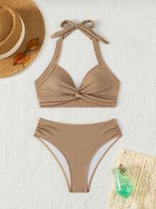 SHEIN Swim Textured Fabric V-Neck Twist Front Top And Regular Shorts 2PCS Women Bikini Set, Vacation Style Summer