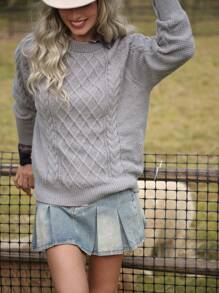 LanaWest Suéter de cuello redondo casual de mujer con nudo de diamante, puños con botones, de punto, para otoño e invierno - Gris - Ver 5