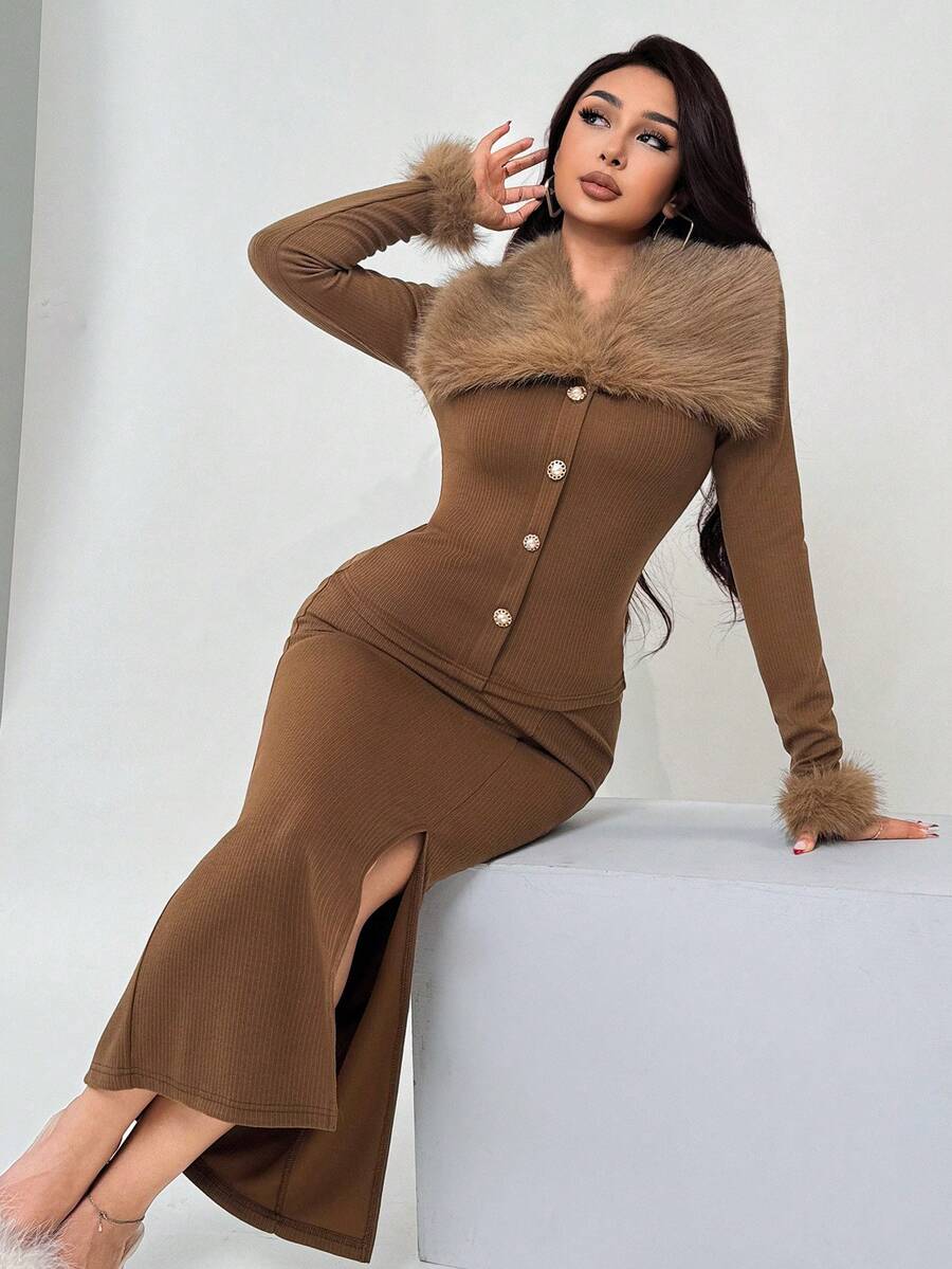 Modelyn 女士前扣长袖开叉毛绒插入休闲两件套，简约风格 - 咖啡棕 - 查看 1