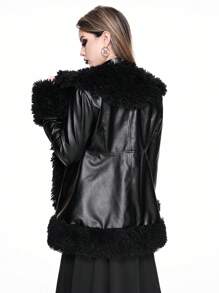 ROMWE Goth 感恩节女士服装：复古哥特式闪亮皮革拼布毛茸茸修身夹克