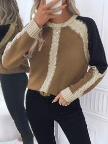 SHEIN LUNE Áo len chui đầu dệt kim màu tương phản cổ tròn thường ngày - Lạc đà - Xem 3