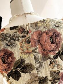 Vintamour 复古优雅女装连衣裙，花卉提花纹理面料拼布欧根纱闪光方领荷叶袖褶皱荷叶边 A 字形伞形下摆休闲派对节日连衣裙冬季女装冬季女装白色紧身胸衣连衣裙长袖连衣裙冬季服装圣诞女装圣诞服装白色女装圣诞女装圣诞派对连衣裙圣诞连衣裙圣诞服装新年前夜连衣裙公主