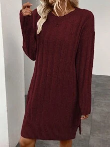 SHEIN LUNE Solid Color Round Neck Long Sleeve Casual Slit Sweater Dress