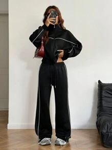 Coolane 女士两件套前拉链长袖连帽衫和抽绳腰裤休闲套装 - 黑色 - 查看 1