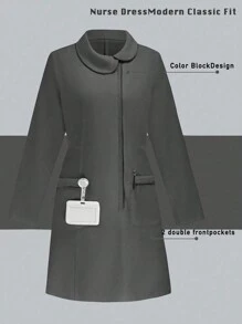 TaskEZ 对比色边饰双口袋简约长袖护士连衣裙 - 灰色 - 查看 1