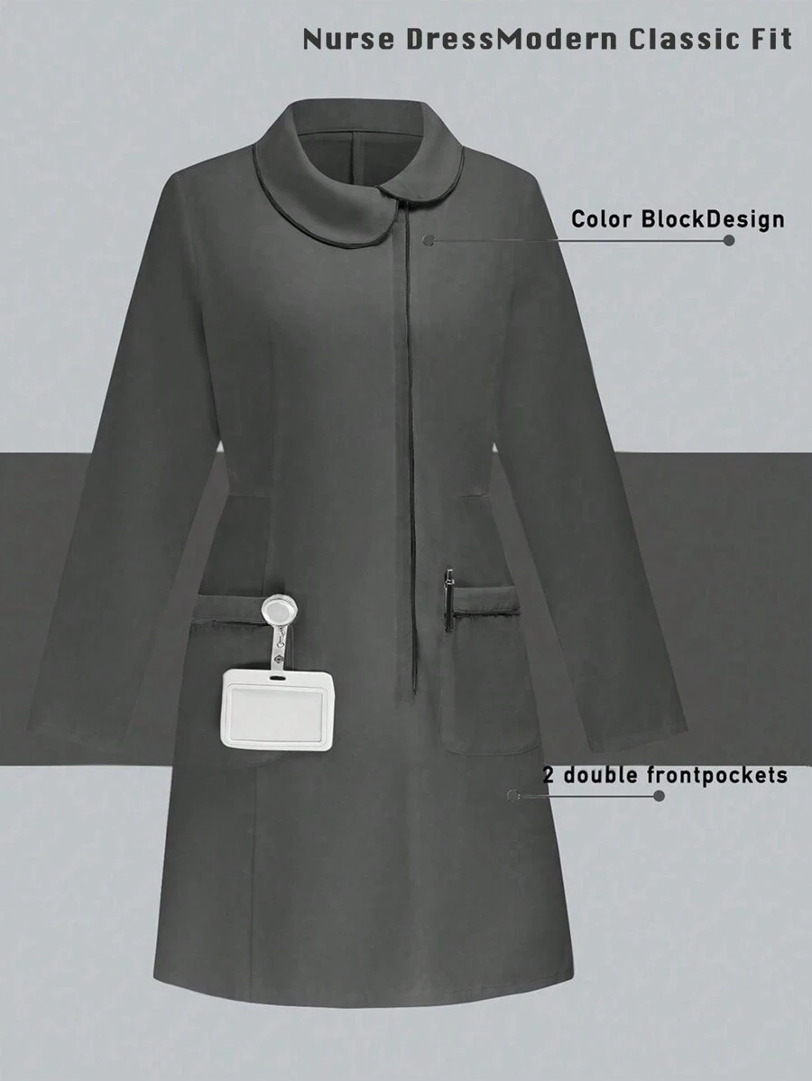 TaskEZ 对比色边饰双口袋简约长袖护士连衣裙 - 灰色 - 查看 1