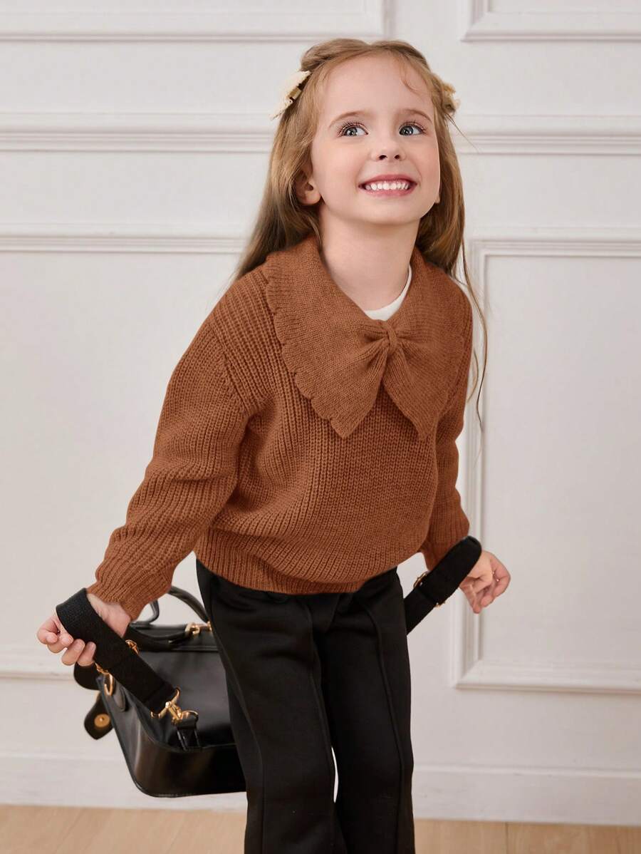 Cozy Pixies Young Girl Butterfly Collar Soft Knit Long Sleeve Pullover Sweater - Brown - View 1