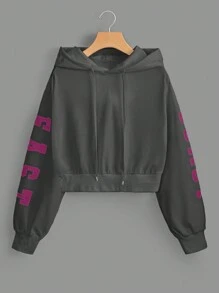 Muchica Women's Pink East Coast Graphic Cropped Drawstring Hoodie - Dark Grey - View 1